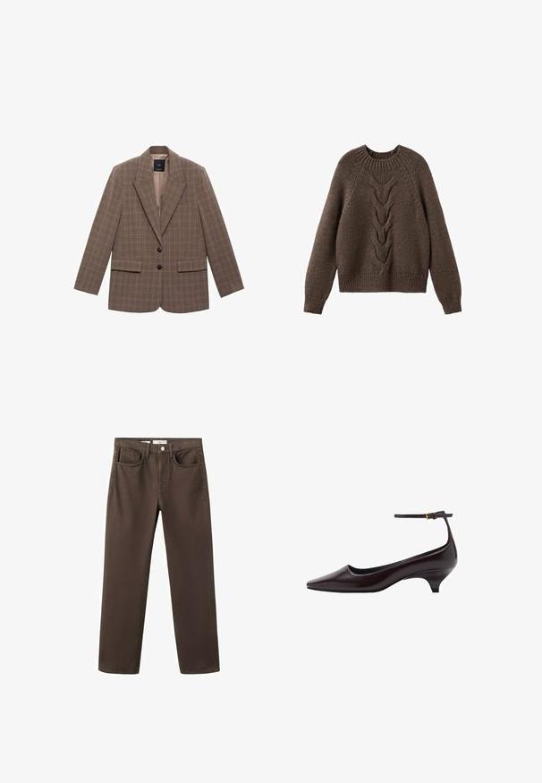 Brunternet blazer lavet af struktureret stof, med kalkunlapel, to frontlommer og to sorte knapper som lukning.; Brun strikket sweater med rund halsudskæring, lange ærmer og et kabelstrikdesign, der løber ned langs fronten. Ribbet kant og manchetter.; Brune denimjeans med lige ben, forlommer, bæltestropper og knaplukning ved taljen.; Mørkebrune spidse læder kitten heel sko med en tynd ankelrem og en lille guldbeslag.