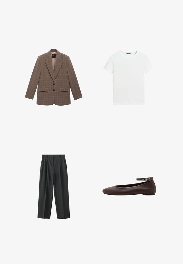 Bruine geruite blazer van gestructureerde stof, met een notch-lapel, twee voorzakken en twee zwarte knopen als sluiting.; Effen wit T-shirt met korte mouwen, een ronde hals en een klein zwart labeltje aan de binnenkant van de kraag.; Donkergrijze, wijde broek met subtiele verticale krijtstrepen, zijzakken, riemlussen en plooien aan de voorkant.; Donkerbruine platte schoen met afgeronde neus en verstelbare enkelband met zilveren gesp op witte achtergrond.
