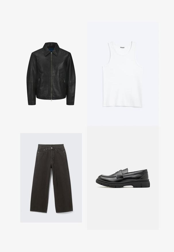 Veste en cuir noir au texture lisse, avec un col, fermeture éclair à l'avant et deux poches zippées sur les côtés. Design simple et structuré.; Débardeur blanc sans manches avec col rond et étiquette de la marque Weekday à l'intérieur du col arrière, présenté à plat sur un fond clair.; Des jeans en denim noir à jambe large présentent une taille haute, un design à cinq poches et une fermeture à bouton. Le tissu a une finition douce et texturée.; Mocassin en cuir noir avec une large sangle sur le devant, semelle en caoutchouc à épaisse rainure, et texture lisse. Design classique et élégant.