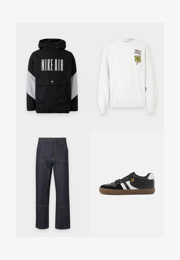 Čierna vetrovka s kapucňou, s veľkým bielym nápisom "NIKE AIR". Šedé akcenty na pleciach a predná vrecko na zips. Elegantný dizajn.; Sivá mikina z textúrovaného materiálu, s okrúhlym výstrihom, dlhými rukávmi a potlačou zeleného štvorlístka a textu na hrudi.; Tmavomodré rifľové nohavice s voľným strihom, žltým prešívaním, prednými vreckami a výrazným švom.; Čierno-biele tenisky s vrchnou časťou z semišu a kože, so skupinou bielych pruhov, čiernymi šnúrkami a hnedou gumovou podrážkou. Zlato zdobené logo.