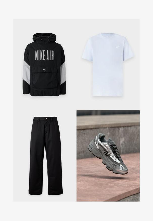 Veste coupe-vent noire avec capuche, affichant "NIKE AIR" en grandes lettres blanches. Accents gris aux épaules et poche avant. Design élégant.; T-shirt en coton bleu clair avec des manches courtes, col rond, et un logo Nike blanc imprimé sur la poitrine gauche. Texture lisse, design simple.; Pantalon noir à jambes larges avec passants pour ceinture, bouton devant et fermeture éclair, présenté sur un fond clair uni.; Baskets New Balance grises et argentées marquées "1000", flottant au-dessus d'une surface en pierre rosée avec un mur en pierre grise en arrière-plan.