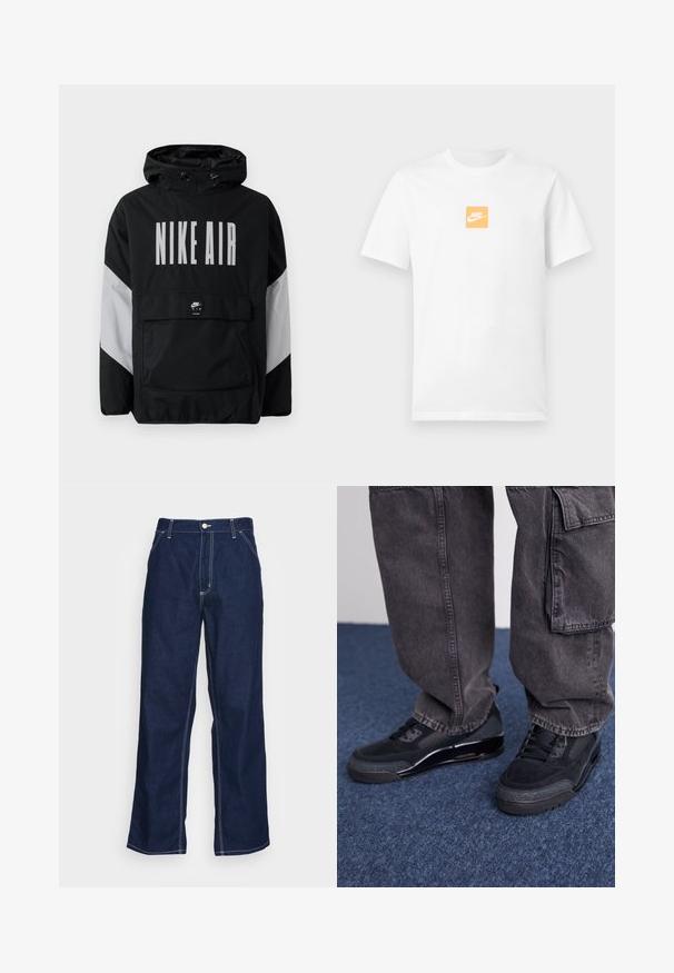 Sort vindjakke med hætte, der har "NIKE AIR" i store hvide bogstaver. Grå detaljer på skuldrene og en frontlomme. Slankt design.; Hvid kortærmet bomuldst-shirt med lille orange firkant på brystet, der har hvidt Nike-logo og swoosh.; Mørkeblå denim-bukser med brede ben, der har høj talje, forlommer og kontrasterende hvid syning langs sømmene.; Sorte sportsko med en struktureret overflade, glatte detaljer og en kraftig sål, der er parret med mørke, løstsiddende cargo-bukser.