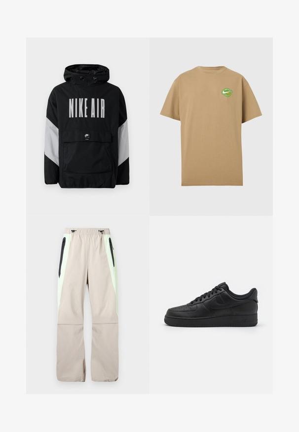 Sort vindjakke med hætte, der har "NIKE AIR" i store hvide bogstaver. Grå detaljer på skuldrene og en frontlomme. Slankt design.; Beige T-shirt med korte ærmer og et lille grønt og hvidt rundt logo på venstre bryst med en swoosh og tekst.; Beige bukser med lysegrønne sidepaneler, sorte lår-lommer med lynlås og elastisk talje med sorte snore.; Nike Sportswear AIR FORCE 1 07 FLYEASE - Sneakers - black