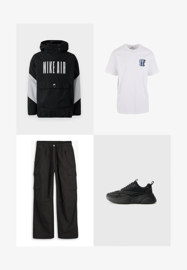 Čierna vetrovka s kapucňou, s veľkým bielym nápisom "NIKE AIR". Šedé akcenty na pleciach a predná vrecko na zips. Elegantný dizajn.; Biela bavlnená tričko s krátkymi rukávmi, na ľavej hrudi s modrým a čiernym grafickým logom; klasický dizajn s okrúhlym výstrihom.; Čierne cargo nohavice s elastickým pásom, zapínaním na gombík a zips, a viacerými vreckami s klopami a gombíkmi na prednej a bočných stranách.; Čierne športové topánky s okrúhlou podrážkou, textúrovaným zvrškom a polstrovaným golierom. Obsahujú šnurovanie, pútko a vrstvené dizajnové prvky.
