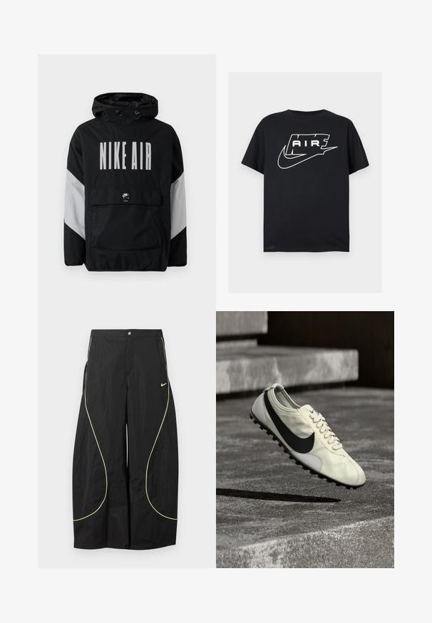 Sort vindjakke med hætte, der har "NIKE AIR" i store hvide bogstaver. Grå detaljer på skuldrene og en frontlomme. Slankt design.; Sort kortærmet T-shirt med fed hvid stiliseret "AIR" tekst og et swoosh-logo over brystet på en ensfarvet baggrund.; Sorte Nike bukser med brede ben, med neon-grøn buet piping og lille Nike swoosh-logo på højre lår, knap- og lynlåslukning i taljen.; Hvid Nike-sneaker med sort Swoosh-logo, snørebånd og gummisål med trækkraft, vist midt i luften over betonstrappen.