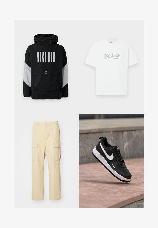 Zwarte windbreaker jas met capuchon, met "NIKE AIR" in grote witte letters. Grijze accenten op de schouders en een voorvak. Strak ontwerp.; Witte T-shirt met korte mouwen en "Dickies"-logo in zwarte contouren op de borst, effen achtergrond.; Beige cargobroek van stof met een elastische tailleband en knoopsluiting. Beschikt over twee zijzakken en een eenvoudig ontwerp.; Zwart-witte Nike Air Force 1 sneaker zwevend boven een roze betonnen oppervlak met een achtergrond van grijze stenen.
