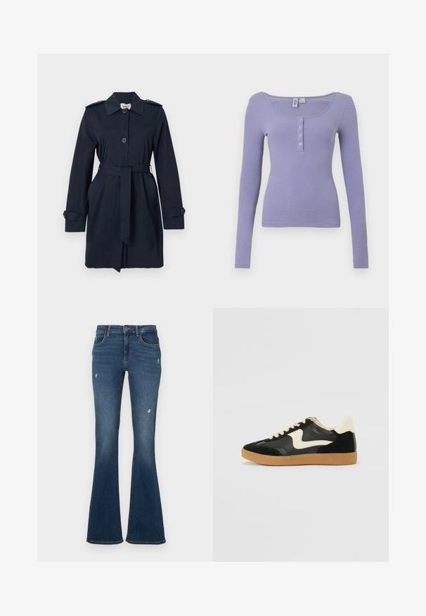 Trench-coat bleu marine à manches longues avec ceinture à la taille, devant boutonné, épaulettes aux épaules et poignets boutonnés.; T-shirt à manches longues côtelé en lavande clair, avec un décolleté arrondi et trois boutons à l'avant, présentant une silhouette ajustée et une texture douce.; Jean en denim évasé bleu foncé avec des patches usés. Comprend cinq poches et une fermeture éclair. Tissu de poids moyen avec une texture lisse.; Baskets en daim et cuir noir avec un swoosh latéral crème et un talon crème clair. Dotées de lacets beige et d'une semelle en caoutchouc gomme.