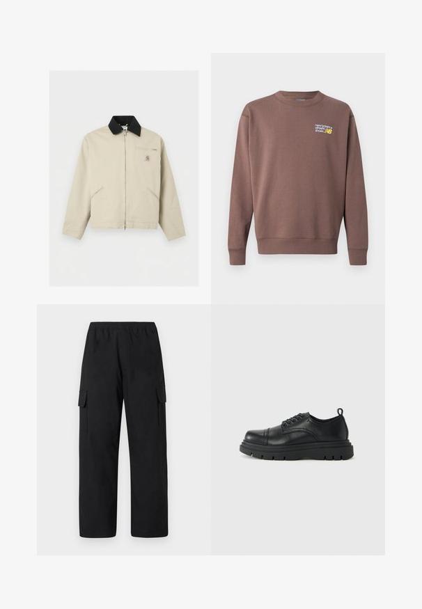 Μπεζ μπουφάν Carhartt με μαύρο γιακά, πλήρες φερμουάρ μπροστά, δύο πλαϊνές τσέπες και μια μικρή τσέπη στο στήθος με φερμουάρ και λογότυπο.; Καφέ φλις φούτερ με στρογγυλή λαιμόκοψη, ριμπ μανσέτες και μέση. Φέρει το λογότυπο "new balance athletic shoes" σε λευκό και κίτρινο στο στήθος.; Μαύροι παντελόνια cargo με ελαστική μέση, με δύο πλαϊνές τσέπες cargo και άνετη, ίσια γραμμή. Κατασκευασμένα από ελαφρύ υλικό.; Μαύρο δερμάτινο παπούτσι με κορδόνια και χοντρή σόλα, με λαβή στον πάτο, πλευρική όψη σε απλό ανοιχτό φόντο.