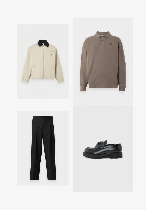 Μπεζ μπουφάν Carhartt με μαύρο γιακά, πλήρες φερμουάρ μπροστά, δύο πλαϊνές τσέπες και μια μικρή τσέπη στο στήθος με φερμουάρ και λογότυπο.; Μακρυμάνικη πόλο μπλούζα από σκούρο μπεζ βαμβάκι, με δύο κουμπιά στην μπροστινή πλευρά, ριμπ στις μανσέτες και μικρό λογότυπο κεντημένο στο στήθος.; Μαύρο παντελόνι με ίσια γραμμή, μπροστινό κουμπί και θηλιές για ζώνη, σε απλό ανοιχτό φόντο.; Μαύρο δερμάτινο μοκασίνι με φούντες, παχιά ελαστική σόλα και χαμηλό τακούνι, εμφανιζόμενο σε πλευρική όψη σε απλό φόντο.