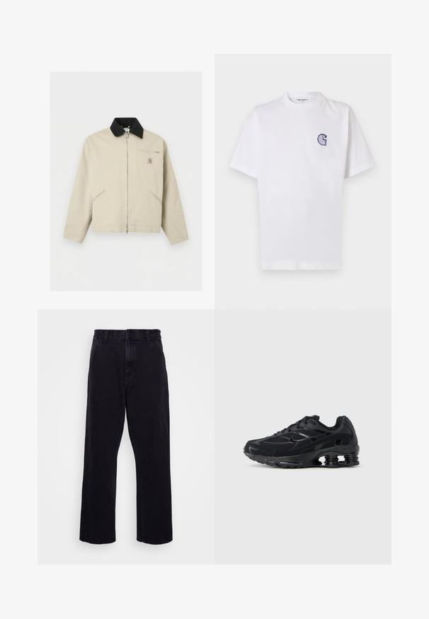 Μπεζ μπουφάν Carhartt με μαύρο γιακά, πλήρες φερμουάρ μπροστά, δύο πλαϊνές τσέπες και μια μικρή τσέπη στο στήθος με φερμουάρ και λογότυπο.; Άσπρο βαμβακερό t-shirt με κοντά μανίκια, στρογγυλή λαιμόκοψη και μικρό, κεντητό μπλε λογότυπο "C" στην αριστερή πλευρά του στήθους.; Μαύρα τζιν παντελόνια με ίσια γραμμή, διαθέτουν κλείσιμο με κουμπί και φερμουάρ, θηλιές ζώνης και ελάχιστες ραφές.; Μαύρο αθλητικό παπούτσι με επάνω μέρος από δίχτυ, επενδυμένο κολάρο και εμφανή τεχνολογία απορρόφησης κραδασμών στη φτέρνα. Διαθέτει υφασμένα διακοσμητικά στοιχεία και κορδόνια.