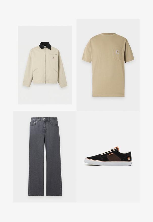 Μπεζ μπουφάν Carhartt με μαύρο γιακά, πλήρες φερμουάρ μπροστά, δύο πλαϊνές τσέπες και μια μικρή τσέπη στο στήθος με φερμουάρ και λογότυπο.; Μπεζ κοντομάνικη μπλούζα από βαμβάκι, με τσέπη στο αριστερό στήθος που διαθέτει λογότυπο. Κλασικός στρογγυλός γιακάς με κανονική εφαρμογή.; Τζιν με ίσια φάση, ψηλή μέση σε σκούρο γκρι χρώμα, με εμπρόσθια κουμπιά, φερμουάρ και σχεδιασμό με πέντε τσέπες σε λευκό φόντο.; Μαύρα σουέτ αθλητικά παπούτσια με καφέ πάνελ, λευκή ελαστική σόλα και κρεμ κορδόνια. Περιλαμβάνει μια πορτοκαλί λεπτομέρεια κοντά στη γλώσσα και λογότυπο στη φτέρνα.