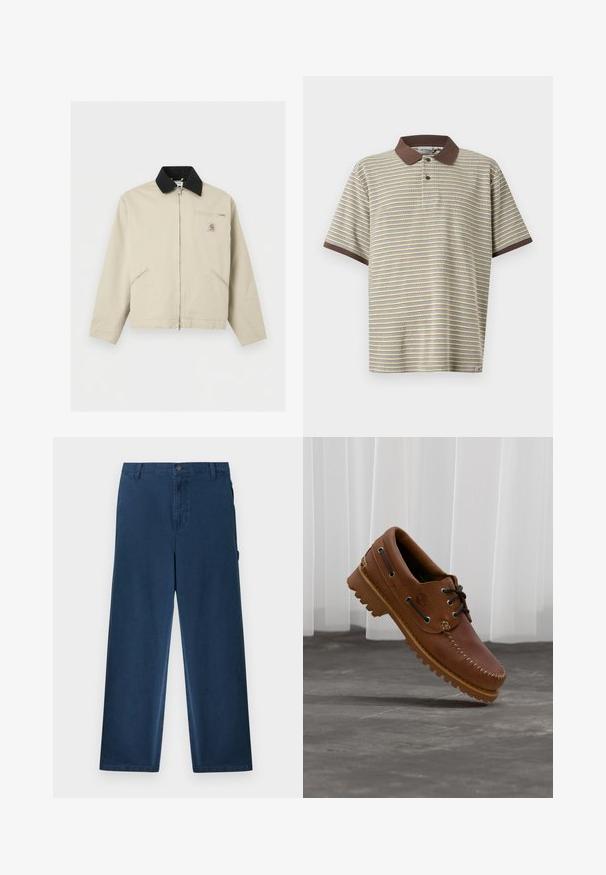 Μπεζ μπουφάν Carhartt με μαύρο γιακά, πλήρες φερμουάρ μπροστά, δύο πλαϊνές τσέπες και μια μικρή τσέπη στο στήθος με φερμουάρ και λογότυπο.; Πόλο μπλούζα με κοντά μανίκια με λεπτές οριζόντιες ρίγες σε μπεζ, μπλε και κίτρινο, καφέ γιακά και μανσέτες μανικιών, πλάκα με δύο κουμπιά.; Μπλε ναυτικό παντελόνι από κορδόνι με ίσια γραμμή, θηλιές για ζώνη, κουμπί μπροστά, κλείσιμο με φερμουάρ και πλαϊνές τσέπες.; Καφέ δερμάτινο παπούτσι τύπου boat με μαύρα κορδόνια, μπεζ ραφές και ανθεκτική σόλα, αιωρούμενο πάνω από γκρι τσιμεντόλιθο.