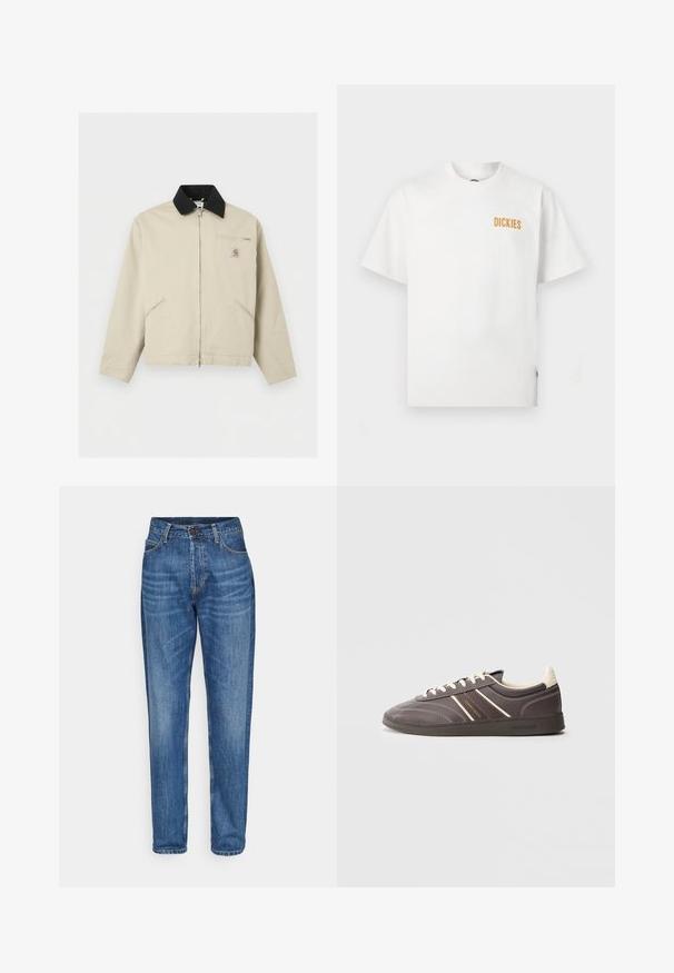 Μπεζ μπουφάν Carhartt με μαύρο γιακά, πλήρες φερμουάρ μπροστά, δύο πλαϊνές τσέπες και μια μικρή τσέπη στο στήθος με φερμουάρ και λογότυπο.; Λευκό T-shirt με κοντά μανίκια και στρογγυλή λαιμόκοψη, με μικρό πορτοκαλί λογότυπο "DICKIES" στο επάνω αριστερό μέρος του στήθους.; Μπλε τζιν παντελόνι με ίσια γραμμή, ψηλή μέση, μπροστινές τσέπες και κλείσιμο με ένα κουμπί. Μεσαίου χρώματος πλύση με ελαφριά φθορά.; Σκούρα γκρι αθλητικά παπούτσια με εκρού λεπτομέρειες, ελαστική σόλα, σχέδιο με κορδόνια και ρίγες στο πλάι. Διαθέτουν ραμμένες λεπτομέρειες και λογότυπο.