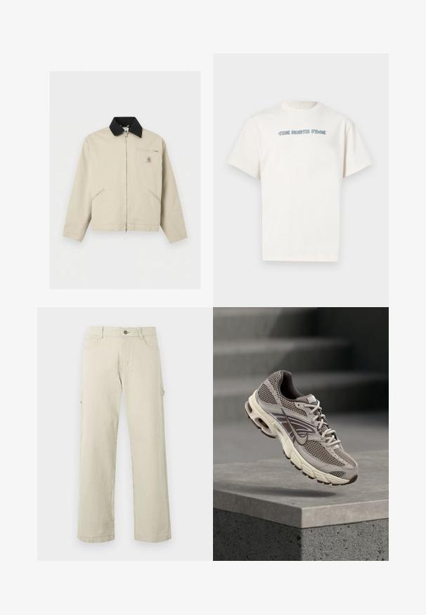 Μπεζ μπουφάν Carhartt με μαύρο γιακά, πλήρες φερμουάρ μπροστά, δύο πλαϊνές τσέπες και μια μικρή τσέπη στο στήθος με φερμουάρ και λογότυπο.; Λευκό κοντομάνικο T-shirt με στρογγυλή λαιμόκοψη, με μικρό μπλε κείμενο "The North Face" σε γράμματα τύπου bubble, τοποθετημένο στο κέντρο του στήθους.; Μπεζ και λευκό παντελόνι με κάθετες ρίγες, ίσια γραμμή, κλείσιμο με κουμπί, θηλιές για ζώνη και πλαϊνές τσέπες, παρουσιάζεται σε απλό φόντο.; Γκρι και μπεζ αθλητικό παπούτσι Nike αιωρείται στον αέρα πάνω από τσιμεντένιο χείλος με θολές σκάλες στο φόντο.