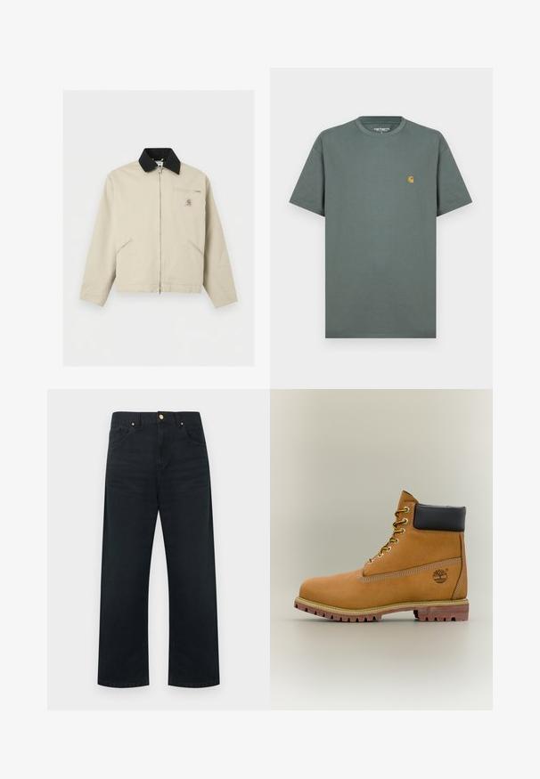 Beige Carhartt-jakke med sort krave, fuld lynlås foran, to sidelommer og en lille lynlåslomme på brystet med logo-patch.; Grå bomulds t-shirt med korte ærmer, rund hals og et lille gult logo på venstre bryst. Glat tekstur, klassisk pasform.; Sorte vidde bukser i denim med fem-lomme design, guldfarvede detaljer og en ren finish på linningen og kanten.; Brun læderankelstøvle med sort krave, gule snørebånd og tanfarvet sål. Har logo og hvide syninger som detalje. Robust ydersål med greb.