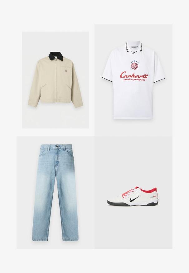 Μπεζ μπουφάν Carhartt με μαύρο γιακά, πλήρες φερμουάρ μπροστά, δύο πλαϊνές τσέπες και μια μικρή τσέπη στο στήθος με φερμουάρ και λογότυπο.; Λευκό πόλο μπλουζάκι με κοντά μανίκια, μαύρη επένδυση στον γιακά και τα μανίκια, κόκκινο κείμενο "Carhartt work in progress" και κυκλικό λογότυπο με μπλε αστέρια από πάνω.; Τζιν σε ίσια γραμμή ανοιχτού μπλε χρώματος με ξεθωριασμένο φινίρισμα, σχεδιασμό με πέντε τσέπες και εμφανή ραφή κατά μήκος των ραφών. Κατασκευασμένο από βαμβακερό denim.; Λευκό αθλητικό παπούτσι με κόκκινες λεπτομέρειες, μαύρο λογότυπο Swoosh και υφασμάτινο σχέδιο. Διαθέτει λευκές κορδόνες και μαύρη σόλα. Το κείμενο αναγράφει "total90".