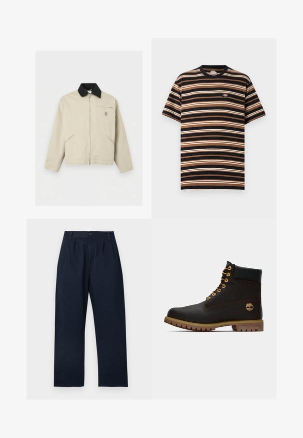 Μπεζ μπουφάν Carhartt με μαύρο γιακά, πλήρες φερμουάρ μπροστά, δύο πλαϊνές τσέπες και μια μικρή τσέπη στο στήθος με φερμουάρ και λογότυπο.; Κοντομάνικο t-shirt με οριζόντιες ρίγες σε μαύρο, καφέ και μπεζ, με ένα μικρό κέντημα λογότυπου Dickies στο στήθος.; Σκούρο μπλε ναυτικό παντελόνι από βαμβάκι, με κούμπωμα με κουμπί, πιέτες στο μπροστινό μέρος και ευθεία γραμμή στο πόδι.; Μαύρη δερμάτινη αστράγαλοι μποτάκι με χρυσά μάτια, καφέ λεπτομέρειες και ελαστική σόλα. Διαθέτει επενδεδυμένο κολάρο και ανάγλυφο λογότυπο στη πλευρά.
