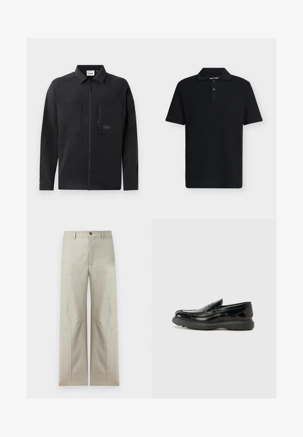 Sort letvægtsjakke med lynlåsfortil, to store brystlommer, en krave og diskret branding på et rektangulært mærke. Glat tekstur.; Sort kortærmet polo-shirt med to-knaps stolpelukning og klassisk krave, vist på en ensartet lys grå baggrund.; Lyse beige formelle bukser med lige ben, knap- og lynlåslukning, bæltestropper, vist på en hvid baggrund.; Sort læderloafer med en blank finish, rund tå, subtile syninger og en tyk gummisål for holdbarhed.