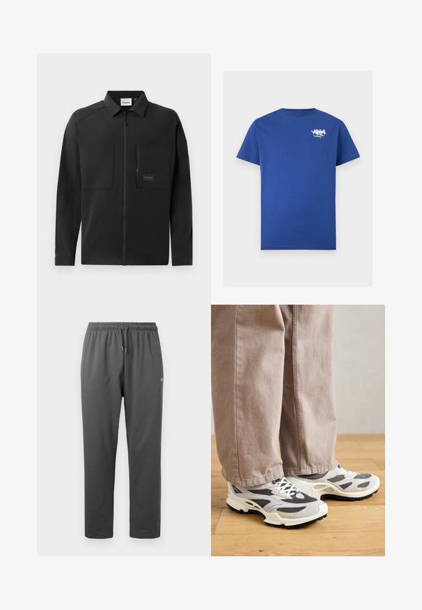 Sort letvægtsjakke med lynlåsfortil, to store brystlommer, en krave og diskret branding på et rektangulært mærke. Glat tekstur.; Blå t-shirt med korte ærmer med hvidt "Alpha Industries" graffiti-stil logo på venstre bryst og rund halsudskæring.; Mørkegrå fleece-sweatpants med elastisk taljebånd og snor, med en lille logo på højre lår.; En person iført beige bredbukser og grå-hvide sportsko står på et trægulv.