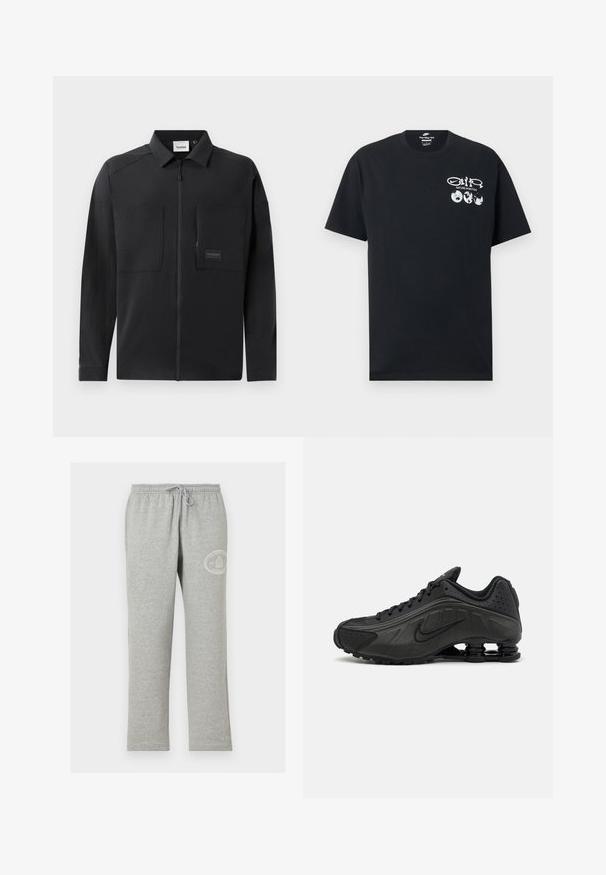 Sort letvægtsjakke med lynlåsfortil, to store brystlommer, en krave og diskret branding på et rektangulært mærke. Glat tekstur.; Sort Nike T-shirt med korte ærmer med hvid tekst "Nature in Motion", tre ikoner af jordkloden og Nike Swoosh-grafik på venstre bryst.; Grå joggingbukser med elastisk linning og snøre, med lille hvidt rundt logo på øverste venstre lår.; Sorte løbesko med en glat syntetisk overdel, perforerede detaljer, teksturerede sidedele og en distinkt fjedrende sål.