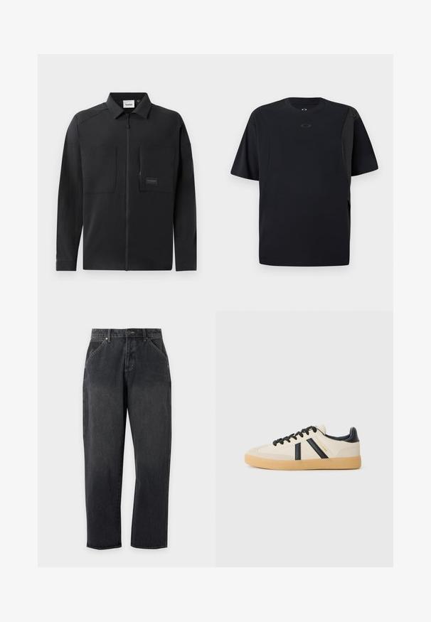 Sort letvægtsjakke med lynlåsfortil, to store brystlommer, en krave og diskret branding på et rektangulært mærke. Glat tekstur.; Sort t-shirt med korte ærmer lavet af glat stof, med et asymmetrisk design og et lille logo på brystet.; Sorte straight-leg denim jeans med forlommer, bæltestropper, knap og lynlås, vist på en ensfarvet lysegrå baggrund.; Casual sneakers i creme med sorte striber, med en tekstureret overdel og sål i gummigummi. Snørebåndene er sorte. Diskret logo på siden.