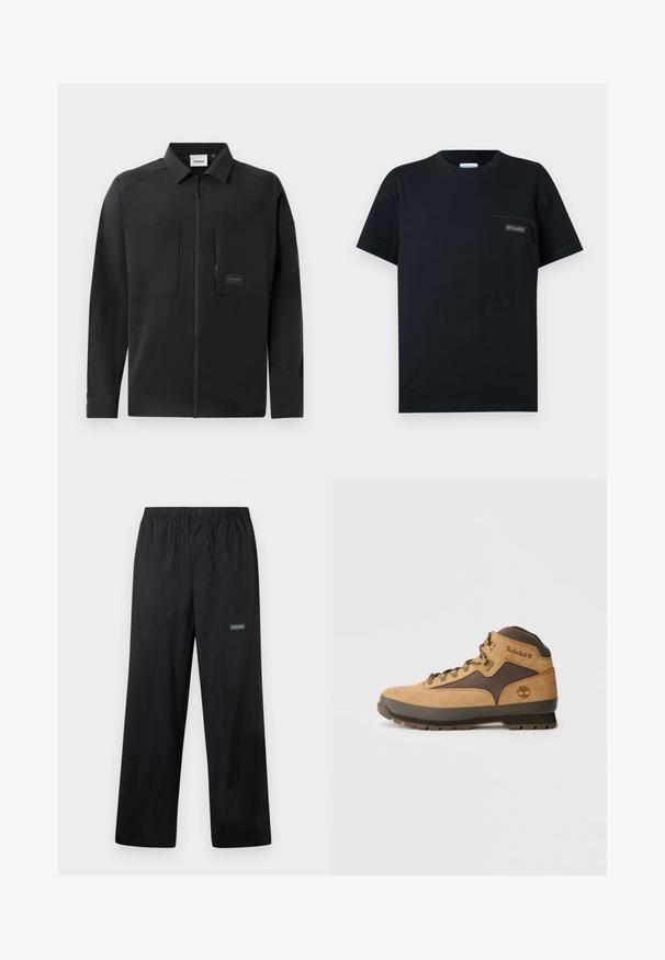 Sort letvægtsjakke med lynlåsfortil, to store brystlommer, en krave og diskret branding på et rektangulært mærke. Glat tekstur.; Sort T-shirt med korte ærmer og rund halsudskæring samt lille lynlåslomme på venstre bryst med Columbia-logo.; Sorte letvægts udendørsbukser med elastisk talje, knap foran, to forlommer og lille Columbia-logo på højre lår.; Brune ruskind vandrestøvle med mørkebrune accenter, metaløjer og sål med godt greb. Timberland-logo præget på siden. Mellemhøj design.