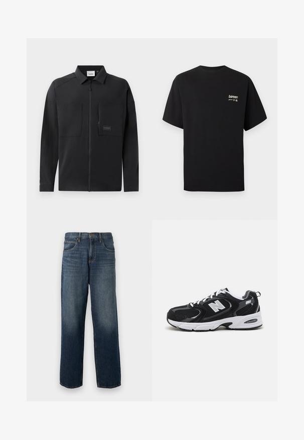 Sort letvægtsjakke med lynlåsfortil, to store brystlommer, en krave og diskret branding på et rektangulært mærke. Glat tekstur.; Sort kortærmet t-shirt med rund hals og lille beige "bareen" logo samt størrelseslabel på venstre bryst.; Blå denim jeans med lige ben, fem lommer og lukning med knap og lynlås, med subtile falmede detaljer på lår og knæ.; Sorte og grå sportssko med mesh og ruskind på overdelen, der har en hvid mellemsål, snørebånd og et iøjnefaldende "N" logo på siden.