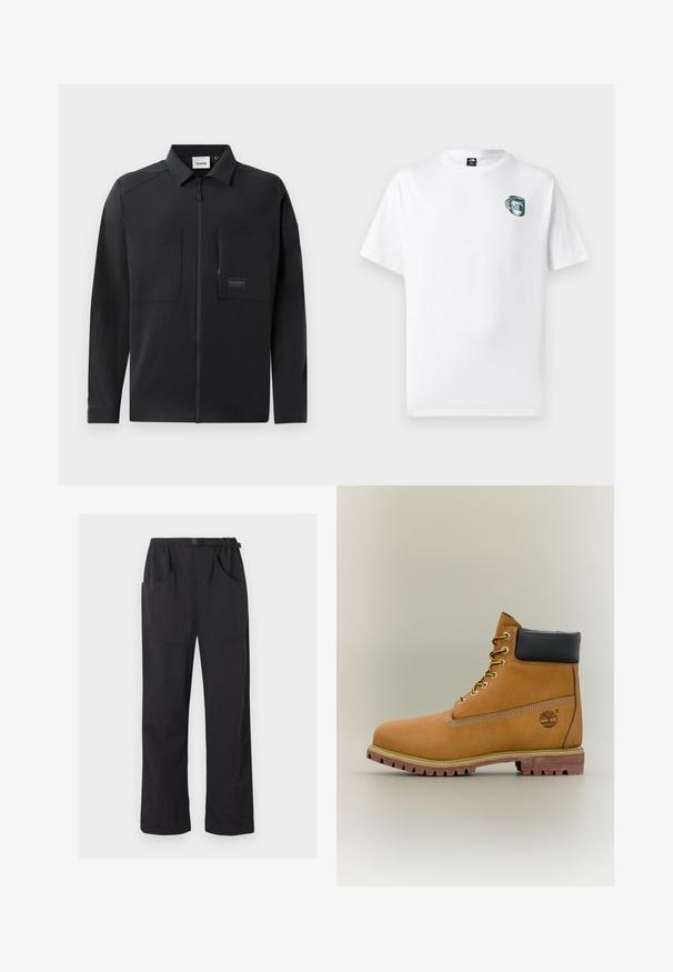 Sort letvægtsjakke med lynlåsfortil, to store brystlommer, en krave og diskret branding på et rektangulært mærke. Glat tekstur.; Hvid T-shirt med korte ærmer med lille grønt kopgrafik og "The North Face" logo på venstre bryst.; Sorte bukser med lige ben, elastik i taljen og justerbart bælte med spænde, med for- og sidelommer.; Brun læderankelstøvle med sort krave, gule snørebånd og tanfarvet sål. Har logo og hvide syninger som detalje. Robust ydersål med greb.