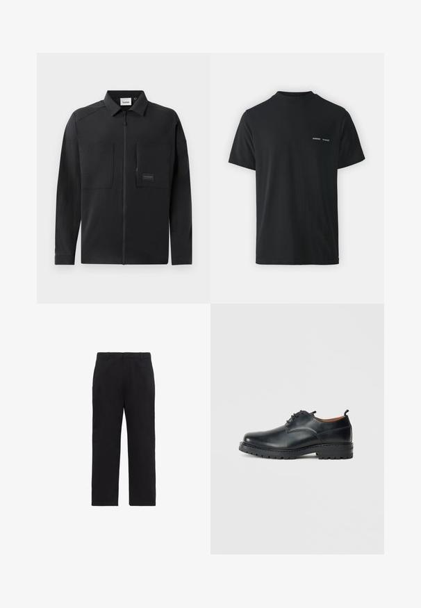 Schwarze leichte Jacke mit durchgehendem Reißverschluss, zwei großen Brusttaschen, einem Kragen und dezenter Markenkennzeichnung auf einem rechteckigen Patch. Glatte Textur.; Schwarzes Baumwoll-T-Shirt mit klassischem Rundhalsausschnitt, kurzen Ärmeln und zwei kleinen weißen "SAMSØE"-Logos auf der linken Brust.; Schwarze Hose mit geradem Bein, Gürtelschlaufen, Reißverschluss vorne und Seitentaschen, auf weißem Hintergrund abgebildet.; Schwarze Leder Derby-Schuhe mit glatter Textur, runder Zehenform, Schnürdesign und einer dicken, robusten Gummisohle.