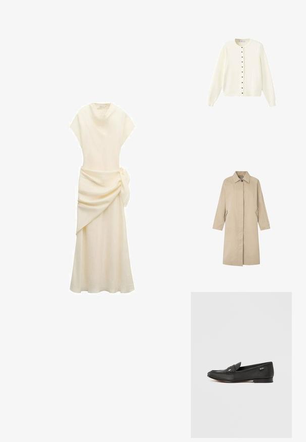 Lys beige frakke med en lige silhuet, minimalistisk design, spids krave, lange ærmer og sidelommer. Fremstillet af glat stof.; Hvid langærmet cardigan med rund halsudskæring og sorte knapper ned langs midten foran.; Kremfarvet, ærmeløs, lang kjole med asymmetrisk draperet stof og sidebånd detalje ved taljen.; Sort læderloafer med tekstureret finish, penny keeper-detalje, slank profil, diskret branding på siden og lav, flad hæl.