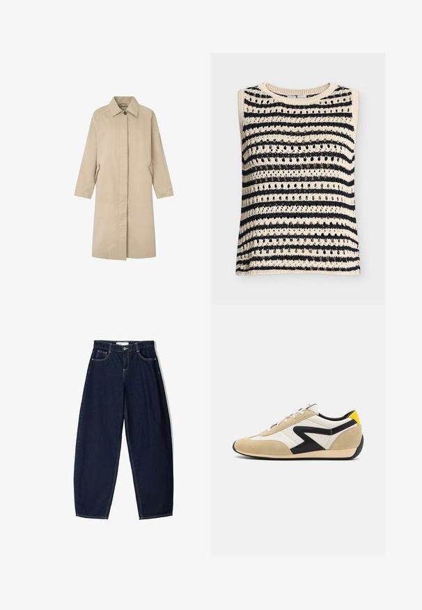 Lys beige frakke med en lige silhuet, minimalistisk design, spids krave, lange ærmer og sidelommer. Fremstillet af glat stof.; Ærmeløs strikket top med skiftevis sorte og beige vandrette striber og et mønster af små huller overalt.; Mørkeblå denimbukser med løs pasform, der har fem lommer, kontrasterende syninger og lynlåslukning foran.; Beige og hvide atletiske sko med sorte accenter og gul hæl. Materialerne er ruskind og læder, rund form, flad sål og snørelukning.