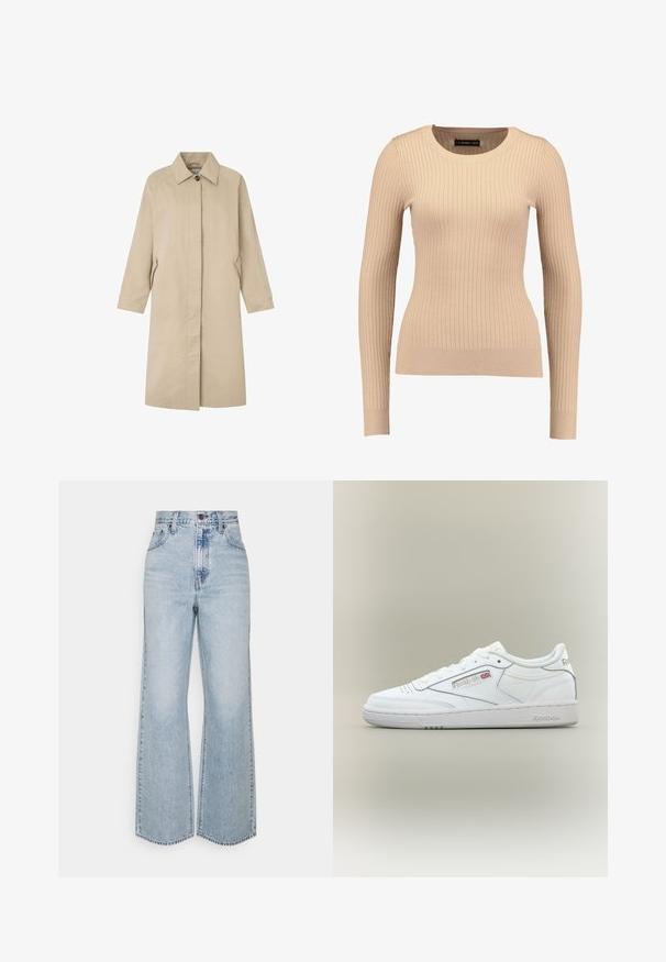 Abrigo color beige claro con una silueta recta, diseño minimalista, cuello con punta, mangas largas y bolsillos laterales. Fabricado con una tela suave.; Suéter de manga larga de canalé en beige claro, hecho de una tela elástica. Cuenta con un escote redondo y una silueta ajustada con puños acanalados.; Jeans anchos de mezclilla de un azul claro con una cintura alta, diseño clásico de cinco bolsillos y costuras en contraste. Detalle de dobladillo sin terminar en la parte inferior.; Zapatilla blanca Reebok de corte bajo con detalles de costuras, perforaciones cerca de los dedos y logo de Reebok con una pequeña bandera del Reino Unido en el lateral.