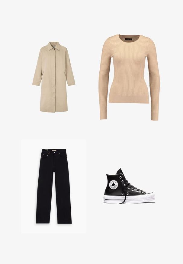 Lichtbeige jas met een rechte silhouet, minimalistisch ontwerp, puntige kraag, lange mouwen en zijzakken. Gemaakt van gladde stof.; Geribbelde lange mouwen trui in lichtbeige, gemaakt van rekbaar materiaal. Kenmerkt zich door een ronde halslijn en een getailleerde pasvorm met gebande mouwen.; Zwarte denim jeans met een recht model, vijf zakken, koperen hardware en een gladde textuur. Twee labels zichtbaar op de tailleband.; Zwarte hoge Converse Chuck Taylor All Star sneaker met witte rubberen zool en logo-opdruk op de enkel, weergegeven op een witte achtergrond.