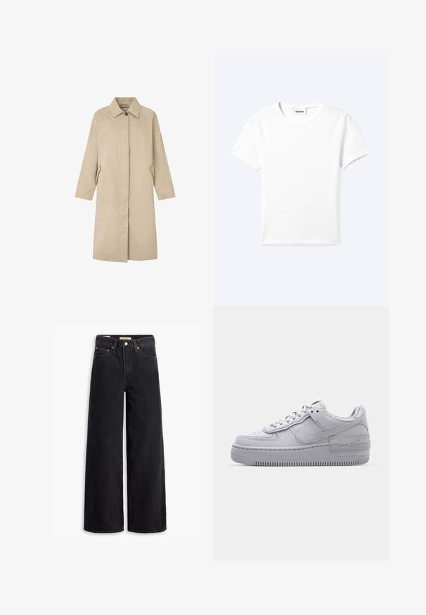Lichtbeige jas met een rechte silhouet, minimalistisch ontwerp, puntige kraag, lange mouwen en zijzakken. Gemaakt van gladde stof.; Effen wit T-shirt met korte mouwen en ronde hals met een klein "WEEKDAY" label aan de binnenkant van de hals, plat neergelegd op een lichte achtergrond.; Zwarte brede jeans gemaakt van denim, met vijf zakken, koperen klinknagels en een klassieke knoopsluiting. Glad van textuur met een strakke uitstraling.; Grijze Nike Air Force 1 sneaker met geperforeerde neus, glad leren bovenwerk, dikke zool en verhoogde 'AIR' details op de hiel.