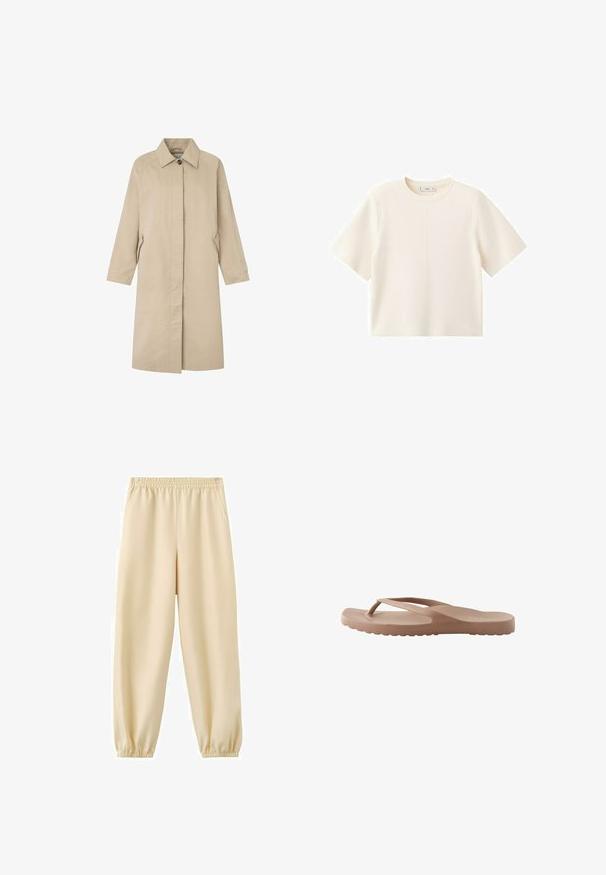 Lys beige frakke med en lige silhuet, minimalistisk design, spids krave, lange ærmer og sidelommer. Fremstillet af glat stof.; Kortærmet, off-white t-shirt med rund halsudskæring, centralsøm og lige kant, vist på en hvid baggrund.; Beige joggebukser med elastisk talje og ankler samt sidelommer, lavet af blødt, let stof.; Lysebrun gummiflips med tekstureret fodseng og tynde remme, vist i profil på en hvid baggrund.