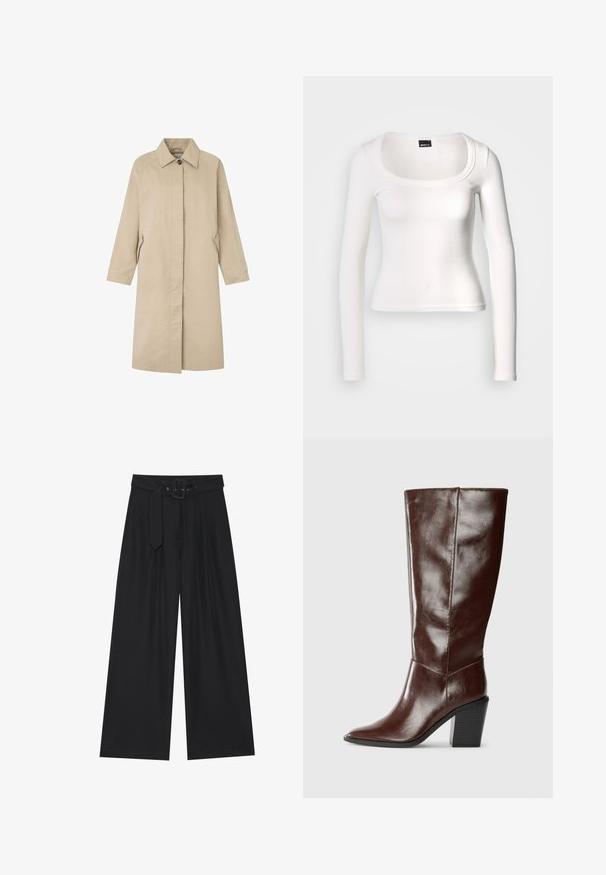 Lys beige frakke med en lige silhuet, minimalistisk design, spids krave, lange ærmer og sidelommer. Fremstillet af glat stof.; Hvid langærmet top med rund halsudskæring. Fremstillet af ribstrikket stof, har den en tætsiddende pasform og en glat tekstur med en sømløs finish.; Bredbenede sorte bukser lavet af glat stof, med en høj talje, et bælte med en firkantet spænde og forkertninger foran for ekstra tekstur.; Høj, mørkebrun læderstøvle med spids tå og stablet blokhæl, vist fra siden på en ensfarvet baggrund.