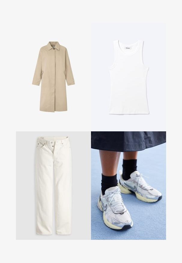 Abrigo color beige claro con una silueta recta, diseño minimalista, cuello con punta, mangas largas y bolsillos laterales. Fabricado con una tela suave.; Camiseta sin mangas blanca con textura de canalé, cuello redondo y una pequeña etiqueta que dice "WEEKDAY" en el interior del cuello.; Vaqueros blancos de talle alto con pierna recta, cremallera de botones, bolsillos delanteros y traseros, y remaches de cobre visibles en las esquinas de los bolsillos.; Zapatillas Nike blancas y plateadas con tejido de malla, detalles reflectantes y una suela beige. Llevadas con calcetines negros, de pie sobre una superficie azul.