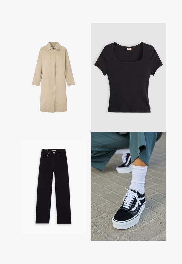 Svetlobežový kabát so štíhlym strihom, minimalistickým dizajnom, špicatým golierom, dlhými rukávmi a bočnými vreckami. Vyrobený z hladkej tkaniny.; Čierny top s krátkym rukávom vyrobený z rebrovanej látky, s širokým štvorcovým výstrihom a priliehavým strihom, s malou červenou logom nášivkou na leme.; Čierne denimy s rovnými nohavicami, piatimi vreckami, medenými doplnkami a hladkou textúrou. Dva štítky viditeľné na páse.; Čierne semišové tenisky s bielymi akcentmi a šnúrkami, s hrubou bielou podrážkou a kontrastným prešívaním, doplnené o bielu ponožku.