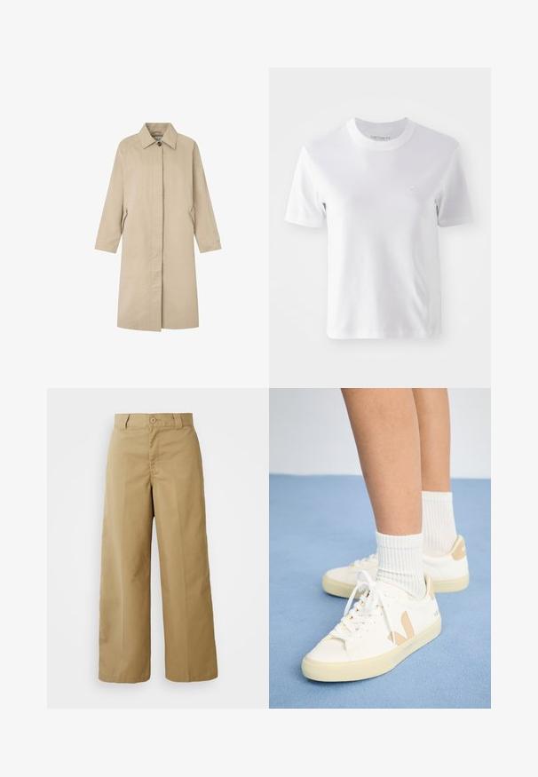 Abrigo color beige claro con una silueta recta, diseño minimalista, cuello con punta, mangas largas y bolsillos laterales. Fabricado con una tela suave.; Camiseta de algodón blanca de manga corta con cuello redondo y un pequeño logo bordado en el pecho, de textura suave y diseño sencillo.; Pantalones de pierna ancha beige, confeccionados en una mezcla de algodón, con cierre de botón, trabillas para cinturón y bolsillos delanteros.; Zapatillas blancas con detalles en marrón, punta redonda y cordones blancos. Llevadas con calcetines blancos de canalé, sobre un fondo azul claro.
