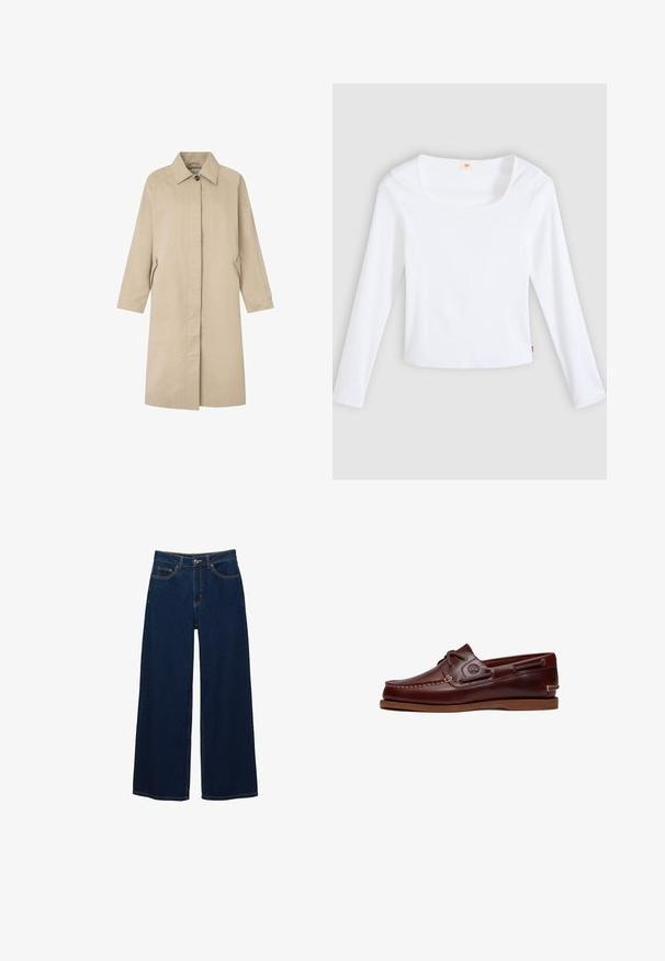 Lichtbeige jas met een rechte silhouet, minimalistisch ontwerp, puntige kraag, lange mouwen en zijzakken. Gemaakt van gladde stof.; Witte longsleeve t-shirt van geribbelde stof, met een vierkante halslijn en een aansluitend model, voorzien van een klein logotag aan de zijkant.; Donkerblauwe jeans met brede pijpen van spijkerstof; voorzien van voorzakken en een knoopsluiting; opvallende stiksels langs de naden; geen patronen of versieringen.; Bruine leren boot schoen met veters, stiksel details en Timberland-logo aan de zijkant, weergegeven op een witte achtergrond.