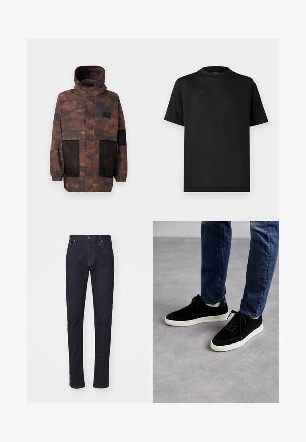Wasserabweisende Jacke im braun-schwarzen Camouflage-Muster. Verfügt über Netzstaschen und eine Kordelzugkapuze. Leicht und mit elastischen Bündchen.; Schwarzes kurzärmeliges T-Shirt mit hohem Kragen, das eine glatte Textur und einen dezenten Glanz aufweist, gefertigt aus leichtem Stoff. Keine sichtbaren Logos.; Dunkelblaue Denim-Jeans mit schlankem Schnitt, Fünf-Taschen-Design und Knopfverschluss. Verfügt über kontrastierende Nähte und eine gerade Beinform.; Schwarze Wildledersneaker mit einer weißen Gummisohle, die ein klassisches Low-Top-Design, eine abgerundete Spitze und flache schwarze Schnürsenkel aufweisen.