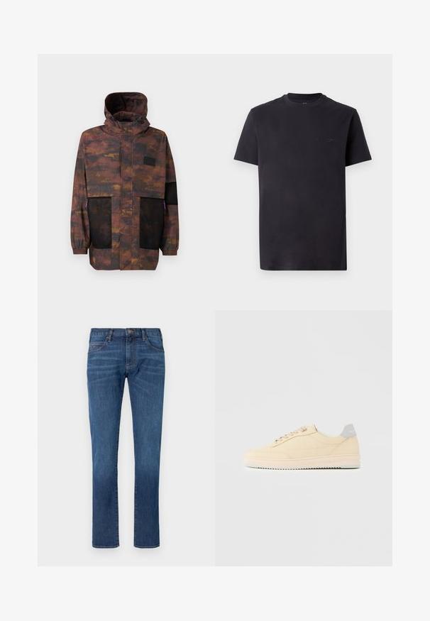 Vandafvisende jakke i et brun- og sort camo-mønster. Har mesh-lommer og en justerbar hætte. Letvægtig med elastiske ærmer.; Sort bomulds T-shirt med rund hals, korte ærmer og præget logo detalje på brystet. Glat tekstur, afslappet pasform.; Blå denimjeans med lige ben, der har et klassisk design med fem lommer og knaplukning. Diskret falming over stofteksturområdet.; Beige lavtop sneaker med snørelukning foran, lyserød sål og grå hællap med mærket "Filling Pieces", vist i profil på ensfarvet baggrund.