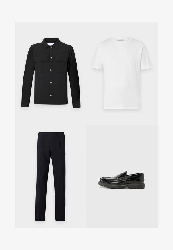 Chaqueta negra con cuello, dos bolsillos en el pecho y botones de presión plateados. Hecha de una tela suave, con corte recto y mangas largas.; Camiseta blanca de manga corta hecha de algodón. Presenta un escote redondo y un dobladillo recto. Sin patrones ni adornos. Diseño simple.; Pantalones negros con acabado texturizado, con corte recto, presillas para cinturón y pliegues marcados en la parte delantera. Sin bolsillos visibles.; Mocasín de cuero negro con un acabado brillante, punta redondeada, detalles de costura sutiles y una suela de goma gruesa para mayor durabilidad.