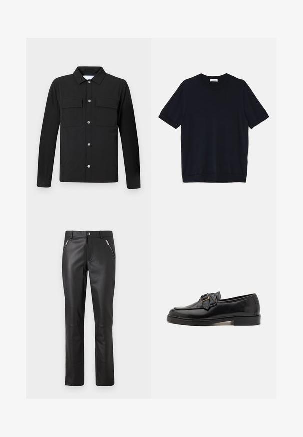 Zwarte jack met een kraag, twee borstzakken en zilveren drukknoopsluiting. Gemaakt van gladde stof met een rechte snit en lange mouwen.; sandro PABLO TEE - T-shirt basic - noir; Zwarte leren broek met een slim fit, voorzien van twee ritszakken aan de voorkant, een ritssluiting en een gladde textuur.; Zwarte leren instappers met een ronde neus en een decoratieve gesp. Platte, stevige hak en een gladde textuur overal.