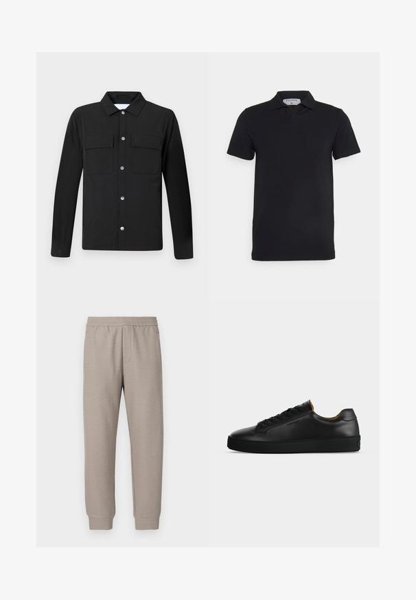Chaqueta negra con cuello, dos bolsillos en el pecho y botones de presión plateados. Hecha de una tela suave, con corte recto y mangas largas.; Camisa polo negra de manga corta con un cuello clásico, fabricada en un tejido suave. Presenta una etiqueta con el nombre de la marca 'Filippa K' en el escote.; Pantalones deportivos beige con corte cónico, confeccionados en una tela suave con cinturilla elástica y un sutil patrón texturizado en toda la prenda. Diseñados para brindar comodidad y versatilidad.; Zapatilla negra de piel de corte bajo con cordones negros, suela de goma texturizada y pequeño logo en relieve en el lateral, mostrada de perfil sobre fondo gris.