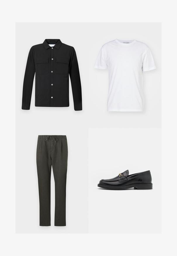 Chaqueta negra con cuello, dos bolsillos en el pecho y botones de presión plateados. Hecha de una tela suave, con corte recto y mangas largas.; Camiseta de algodón blanca con escote redondo, mangas cortas y corte recto. Sin patrones ni adornos, textura suave y diseño sencillo.; Pantalones de lino gris oscuro con cintura elástica. Diseño de pierna recta, tela ligera, detalles mínimos y textura suave.; Mocasines de cuero negro con punta redondeada, que cuentan con un detalle de herrajes dorados y costuras, situados sobre una suela de goma texturizada y baja.