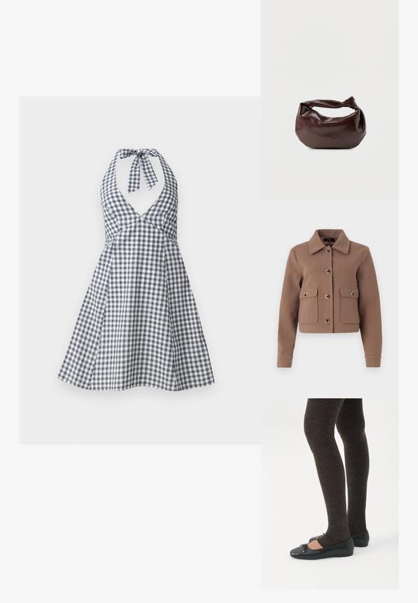 Veste brune, courte, avec un col, présentant de grandes poches avant et des fermetures à boutons. Fabriquée en tissu doux avec une finition légèrement texturée.; Robe halter en vichy marine et blanc, avec un décolleté en V profond et un nœud à l'arrière. Jupe évasée avec un buste ajusté et des détails de plis.; Jambes portant des leggings côtelés foncés associés à des ballerines noires avec de petits détails en nœud sur fond blanc.; Sac bandoulière en cuir marron foncé avec une forme souple et décontractée et une anse nouée torsadée sur un fond blanc uni.