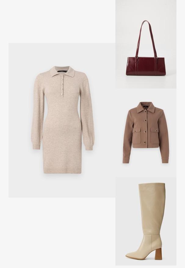 Veste brune, courte, avec un col, présentant de grandes poches avant et des fermetures à boutons. Fabriquée en tissu doux avec une finition légèrement texturée.; Robe en tricot beige avec un col, un plastron à cinq boutons et des manches longues avec des poignets côtelés. Texture lisse, silhouette ajustée.; Botte en cuir beige haute jusqu'au genou avec un bout pointu, un talon bloc texturé et une surface lisse. Détail de couture à la cheville et en haut de la tige.; Sac à main bordeaux en matériau brillant, de forme rectangulaire, avec deux anses et des accents légèrement courbés à l'avant.