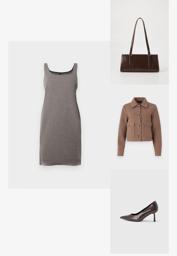 Veste brune, courte, avec un col, présentant de grandes poches avant et des fermetures à boutons. Fabriquée en tissu doux avec une finition légèrement texturée.; Robe sans manches arrivant au genou avec un décolleté carré et un motif zigzag serré en noir, beige et blanc.; Escarpins à bout pointu en similicuir marron avec une texture crocodile, dotés d’un talon fin et angulaire ainsi que d’une doublure intérieure lisse.; Sac à main en cuir verni marron de forme rectangulaire, avec deux longues poignées et des accents courbés subtils à l'avant.