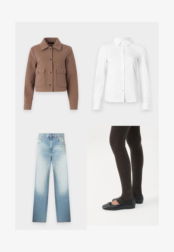 Veste brune, courte, avec un col, présentant de grandes poches avant et des fermetures à boutons. Fabriquée en tissu doux avec une finition légèrement texturée.; Chemise blanche à manches longues avec boutons, col pointu, ourlet droit et silhouette ajustée, présentée sur un fond clair uni.; Jean en denim bleu clair à coupe ample, avec une taille haute, un design à cinq poches et un délavage subtil vers le bas des jambes.; Jambes portant des leggings côtelés foncés associés à des ballerines noires avec de petits détails en nœud sur fond blanc.